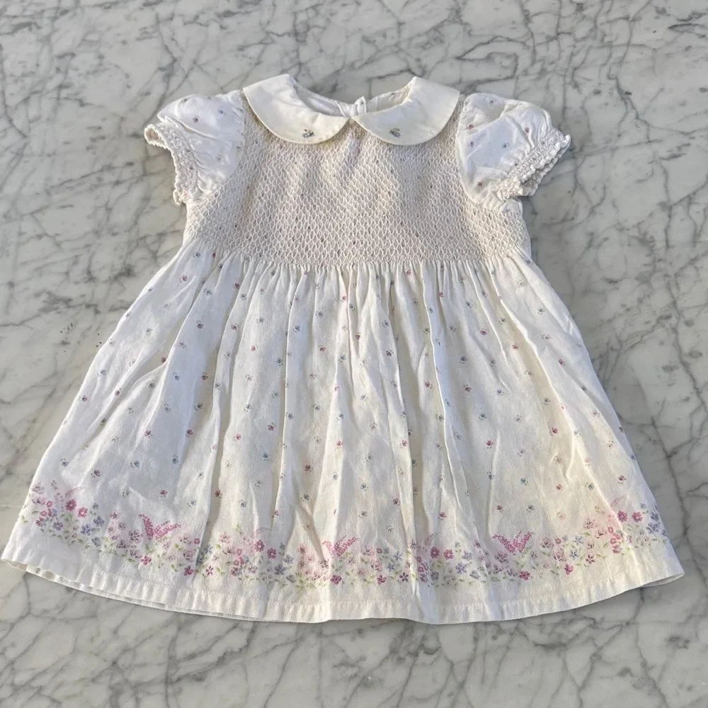 Gymboree Smocked Baby Dress Cottagecore Linen Floral Summer Sz 24 Months